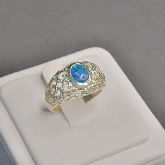 925 Silver Blue Opal Oval Shape Stone Fashion Dome Ring Filigree Size 8 1/2 - Picture 2 of 7